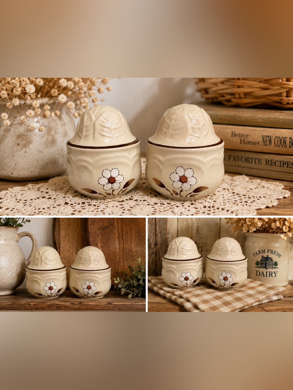 1980s Stoneware Daisy Salt Pepper Shakers Cottagecore Country Kitchen Decor